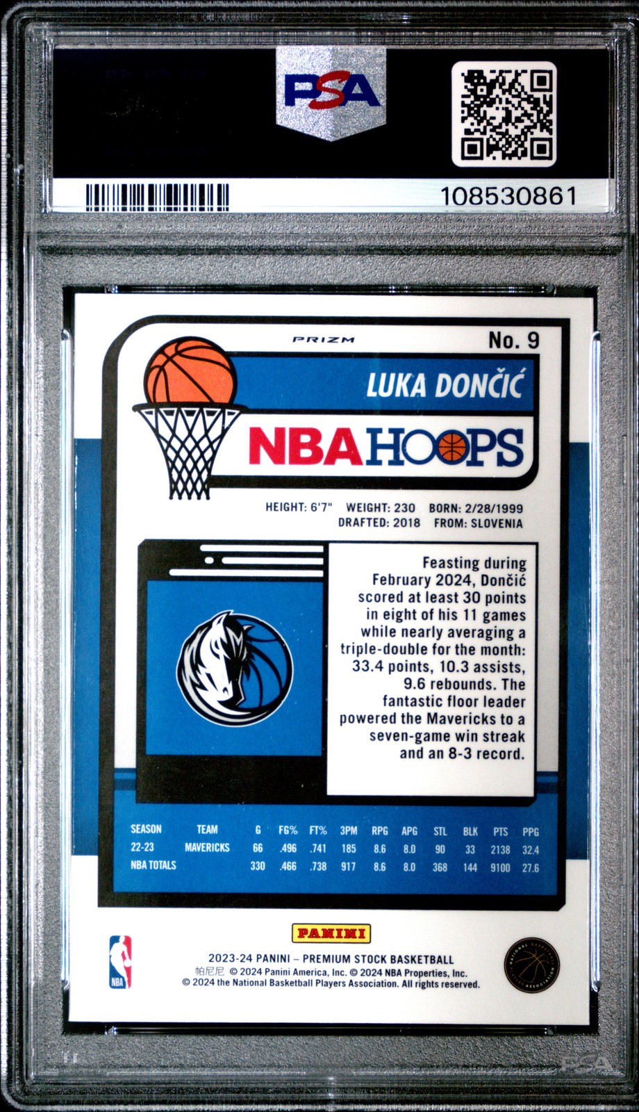 2023 PANINI HOOPS PREMIUM STOCK ICE PRIZM #9 LUKA DONCIC PSA 10 view 2