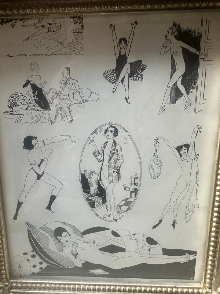 Vintage French Noir Illustration Print Framed Gold Art Deco Erotic Style Drawing - Image 2 of 4