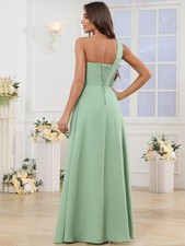 One Shoulder Bridesmaid Dress A Line Ruched Chiffon Formal Party Dress with Slit