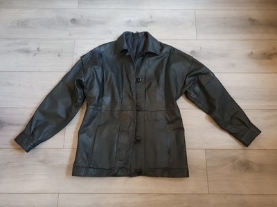 Schwarze Echtleder Trench Mac Style Jacke Größe 10-14 komplett gefüttert