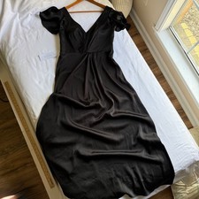 Azazie Soren Satin Dress Black V-Neck Flutter Sleeve Formal Gown A14 Bridesmaid