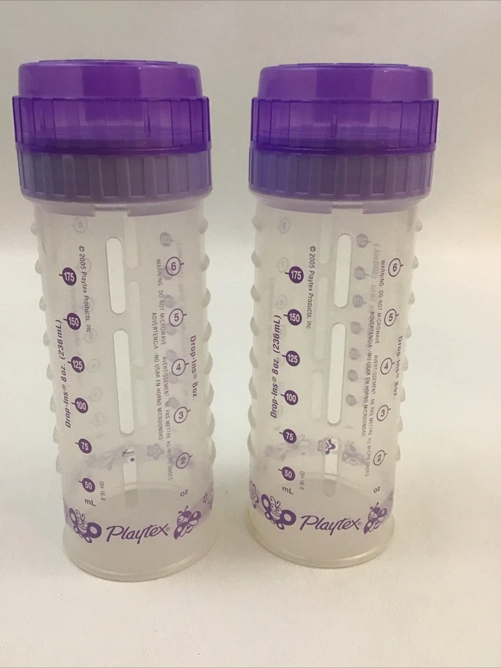 Lote de 2 biberones Playtex diseño púrpura claro gotas 8 oz tapa pezón bolsa Foto 3 de 4