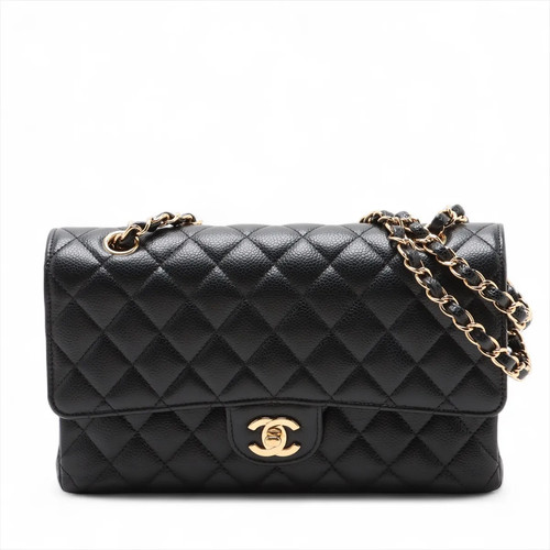 Chanel Matelasse 25 Grained Calfskin Double Flap Double Chain Bag Black Gold Met
