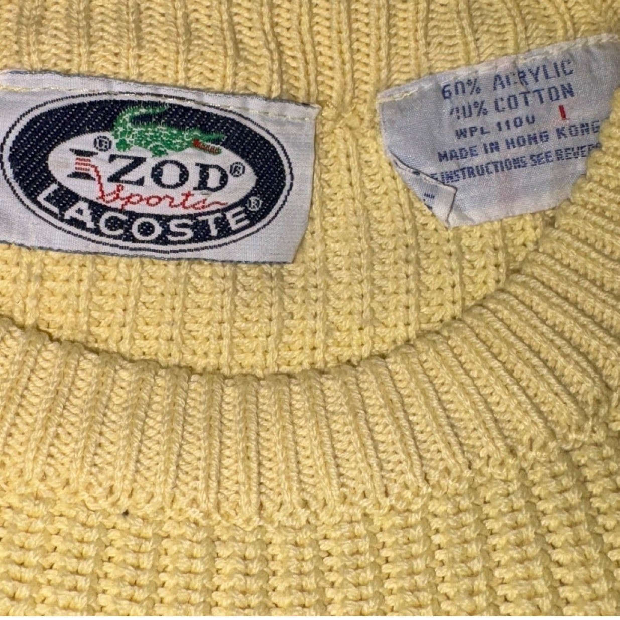 Vtg Izod Sports Lacoste Butter Yellow Knit Sweater L Hong Kong 80s Preppy Retro thumbnail 5