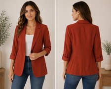 Womens 3/4 Sleeve Lightweight Office Work Suit Jacket Orange Blazer, Size L