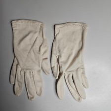 Vintage Cream Nylon Wrist Gloves Eyelet Detail Made in British Hong Kong Size 6