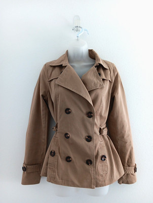 YMI Mini Trench Coat Small Double Breasted Khaki Short 100% Cotton Closet Staple