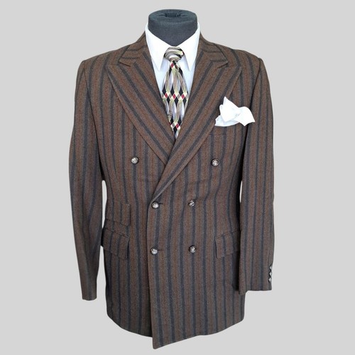 Vintage 1960's H.I.S. Menswear Double Breasted Brown Striped Sport Coat Size 40