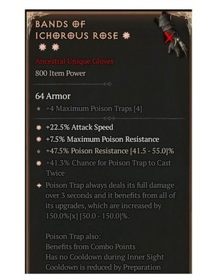 Diablo 4 Eternal Bands Of Ichorous Rose 3GA 150% Unique Gloves Equipment Gear
