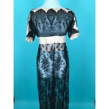 Antique Edwardian Black Chantilly Lace Pink Silk Empire Waist Gown Dress 1900s