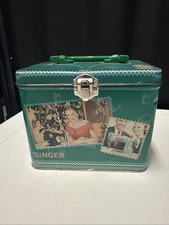 Vintage Singer Sewing Machine Tin Lunchbox Green Sewing Storage Box With Handle