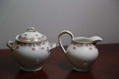 Vintage Limoges Sugar & Creamer White Pink Roses Gold Trim Dainty Cottagecore 