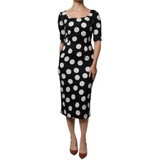 DOLCE & GABBANA Dress Black White Silk Polka Dots Sheath Midi IT42/US8/M 2250usd