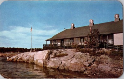 c1950 Lodge Cottages Lighthouse Clipper Dock Sebasco Estates Maine ME Postcard