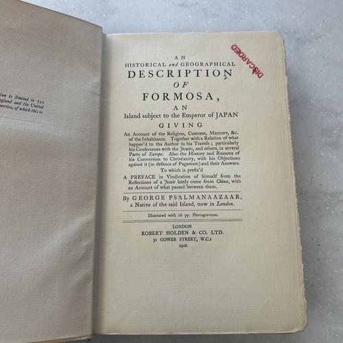 Historical and Geographical Descroption of Formosa...by Psalmanaazaar / 1926 HC - Foto 4 di 14
