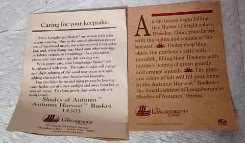 Longaberger Shades of Autumn Harvest Basket w Liner, Protector, Wall Hanger 1993 - Picture 8 of 10