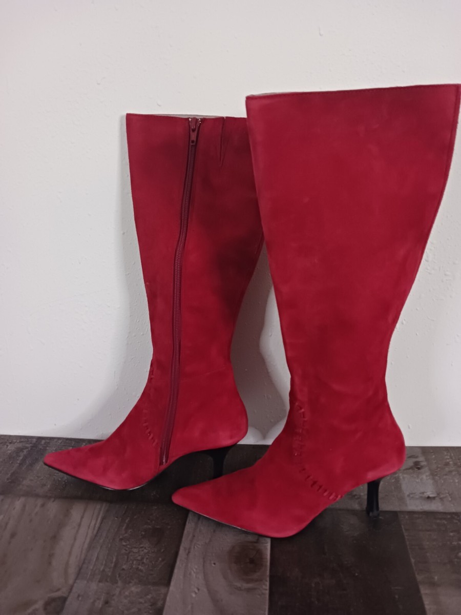 Womens High Knee Boots Heels Red Suede Size M New!