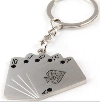 Metal Poker$ Spades Royal Flush Playing Cards  Nickel Keychain. 'FreeShipping