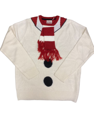 Weihnachtspullover weiß Schneemann mit Schal (S) Small - warm & kuschelig Weihnachtspullover
