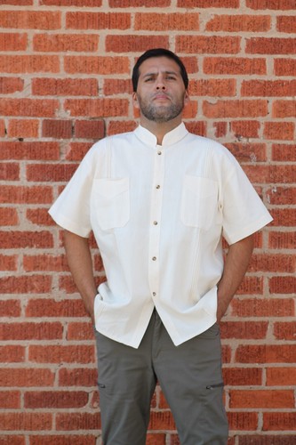 Mexican Cotton Guyabera Style Shirt with Mandarin Collar (Off-White/White) - Picture 11 of 13
