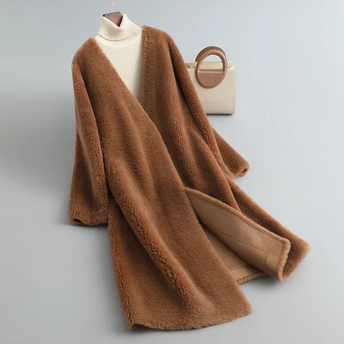 OFF WHITE Cappotto trench medio lungo scollo V 100% lana pelliccia di agnello shearling felpa invernale