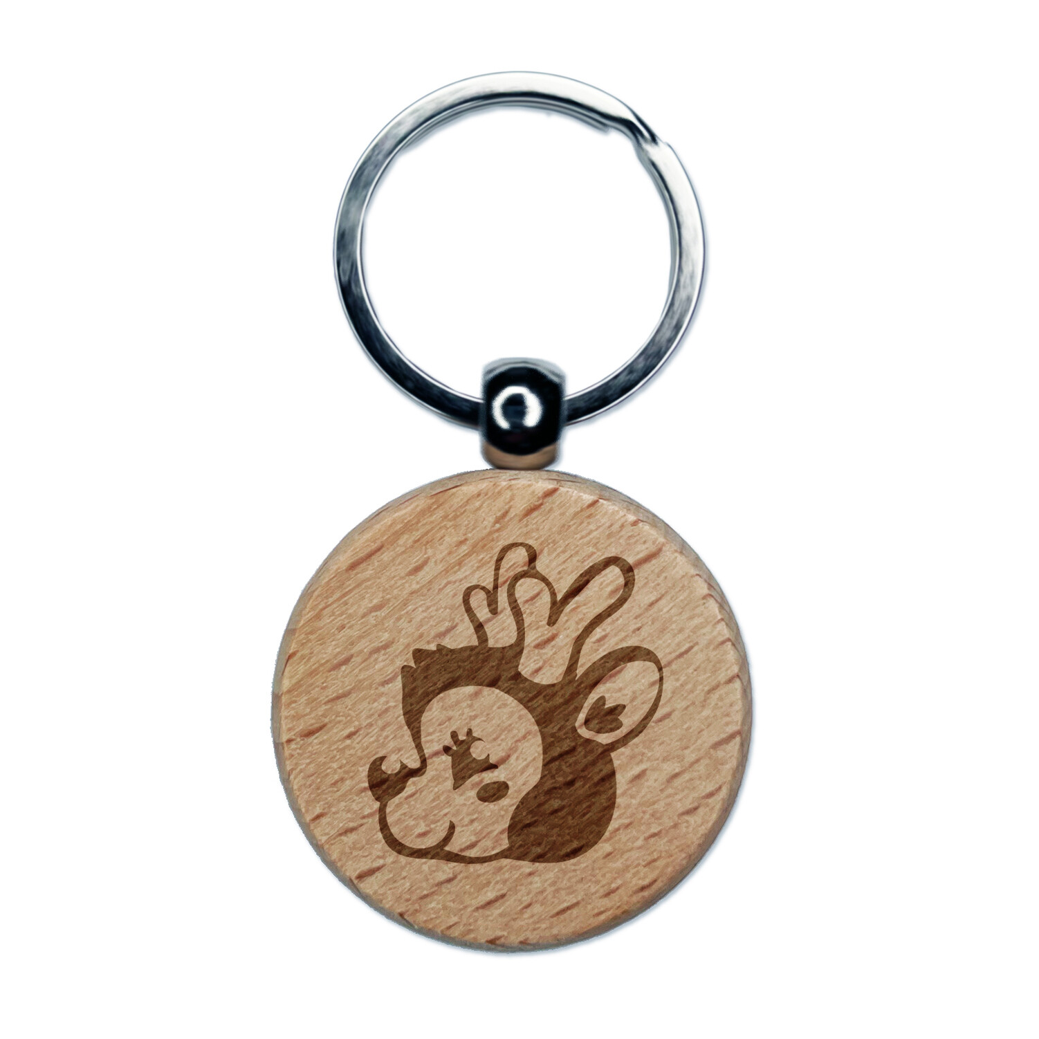 Cheerful Holiday Reindeer Christmas Engraved Wood Round Keychain Tag Charm