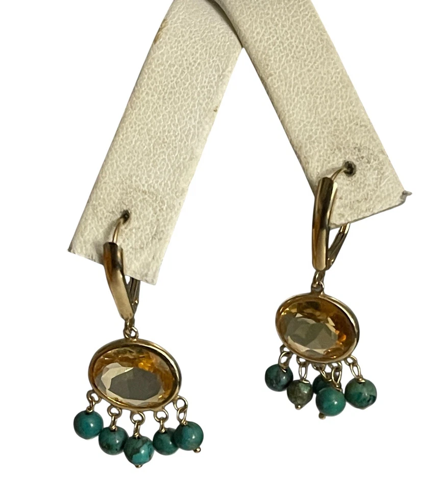 Pendientes 14k citrino y turquesa esterlina L 1,25 pulgadas Foto 3 de 4