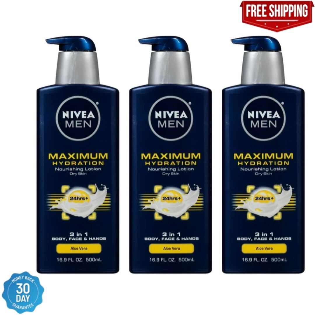 NIVEA MEN Maximum Hydration Body Lotion 3-in-1 Lotion for Men, 16.9 Fl Oz, 3Pack