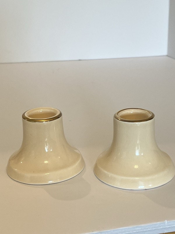 Vintage Made In Japan Pair Porcelain Taper Candle Holders Ivory Cream Gold Rims
