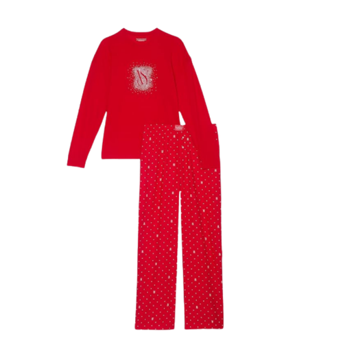Victoria's Secret Pajama Set Long Sleeve & Flannel Pants Red Shimmer XL - NEW - Picture 3 of 3