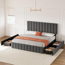 King Upholstered Bed Frame with 4 Storage Drawers & Adjustable Headboard - Grey
