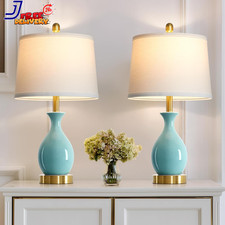24" Aqua Blue Ceramic Table Lamps Set of 2 Modern Classic Bedside Lamps for Bedr