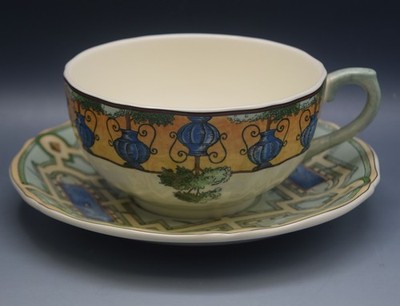 FAIENCERIE GIEN FRANCE LES JARDINS D'EAU BREAKFAST CUP AND SAUCER SET LARGE RARE