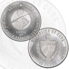 Two Caribbean Silver Coins 1980 10 PESOS First Space Flight MATTE PROOF RARE!