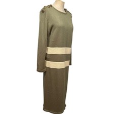 VTG Ami Striped Sweater Dress Midi Size 18 Olive Green Gold Button Retro Classic