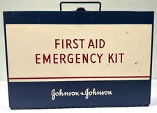 Vtg Johnson & Johnson Emergency First Aid Kit Metal Wall Mount Box • Nearly Full