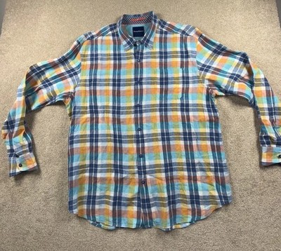 Tommy Bahama Shirt Mens XL Multicolor Plaid 100% Linen Travel Casual Button Up