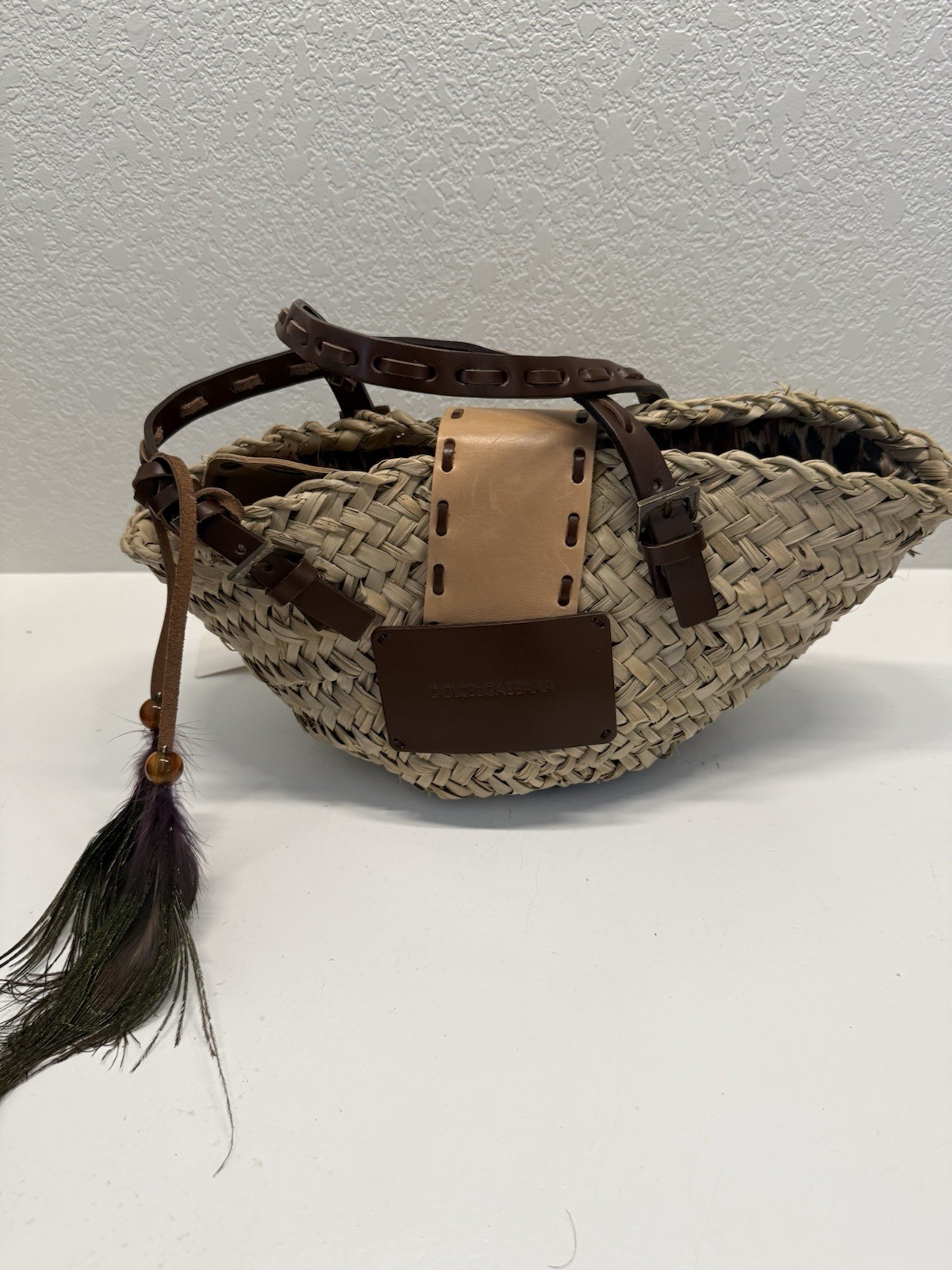 Dolce&Gabbana Woven Straw Tote Bag Top Handle Beige Brown Pouch Gold Hardware