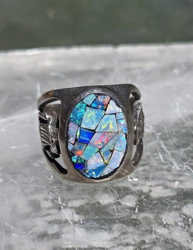 Vintage Sterling Silver And Crushed Opal Mosaic Ring Size 9.5
