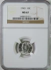 1943 Mercury Silver Dime NGC Graded MS67 GEM Uncirculated
