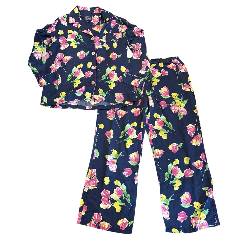 Conjunto de Pijama American Living Top Pantalones Capri Botones Azul Floral Cintura Elástica Lg Foto 2 de 4