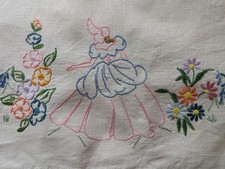 Vintage Crinoline Lady Hand Embroidered Linen Tray Cloth 15" &times; 22"
