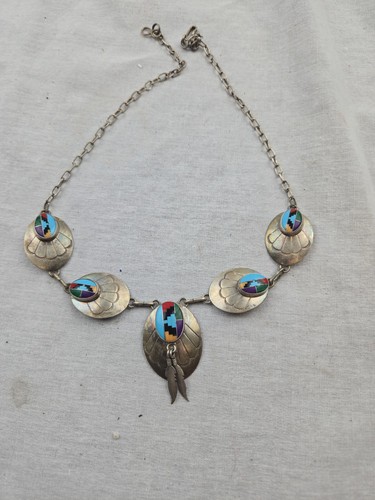 Handmade Native American Sterling Silver Multi Colored Gemstone Inlay Necklace