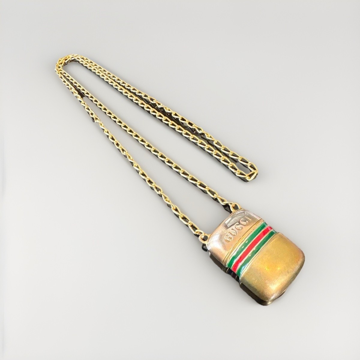 Authentic Gucci Vintage Pill Case Necklace Sherry Line Web Stripe Authentic Gucci Vintage Pill Case Necklace Sherry Line Web Stripe