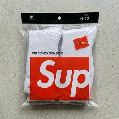 Hanes x Supreme Cushioned Crew Socks White Logo Cotton Mens Size 6-12 2 Pairs