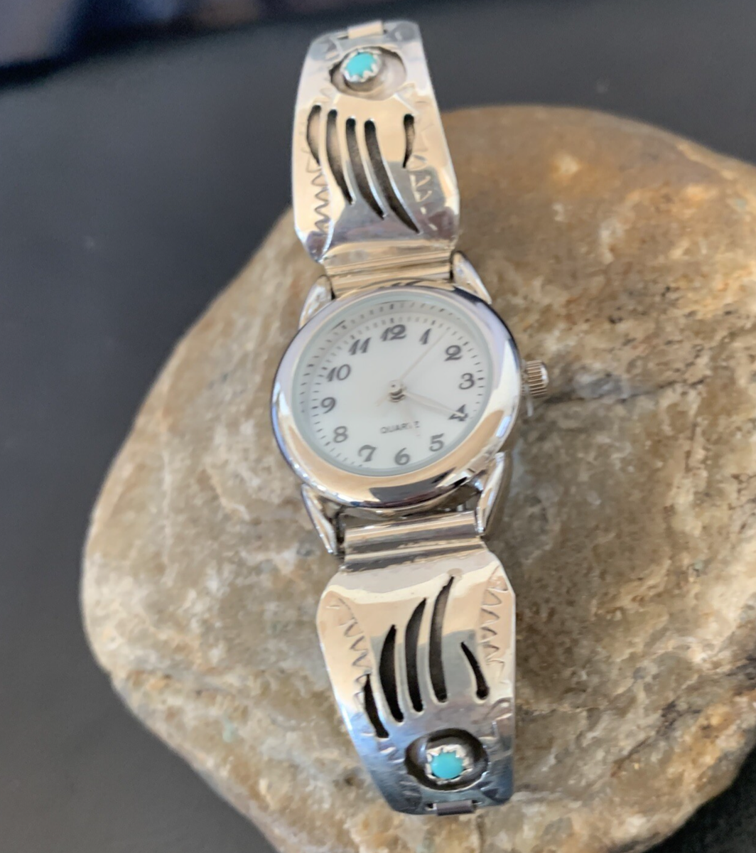 Women Blue Turquoise Bear Paw Navajo Sterling Silver Watch Tips