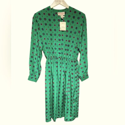 NWT Vintage Geometric Appleseeds Green Print Long Sleeve Petite Dress Size  12