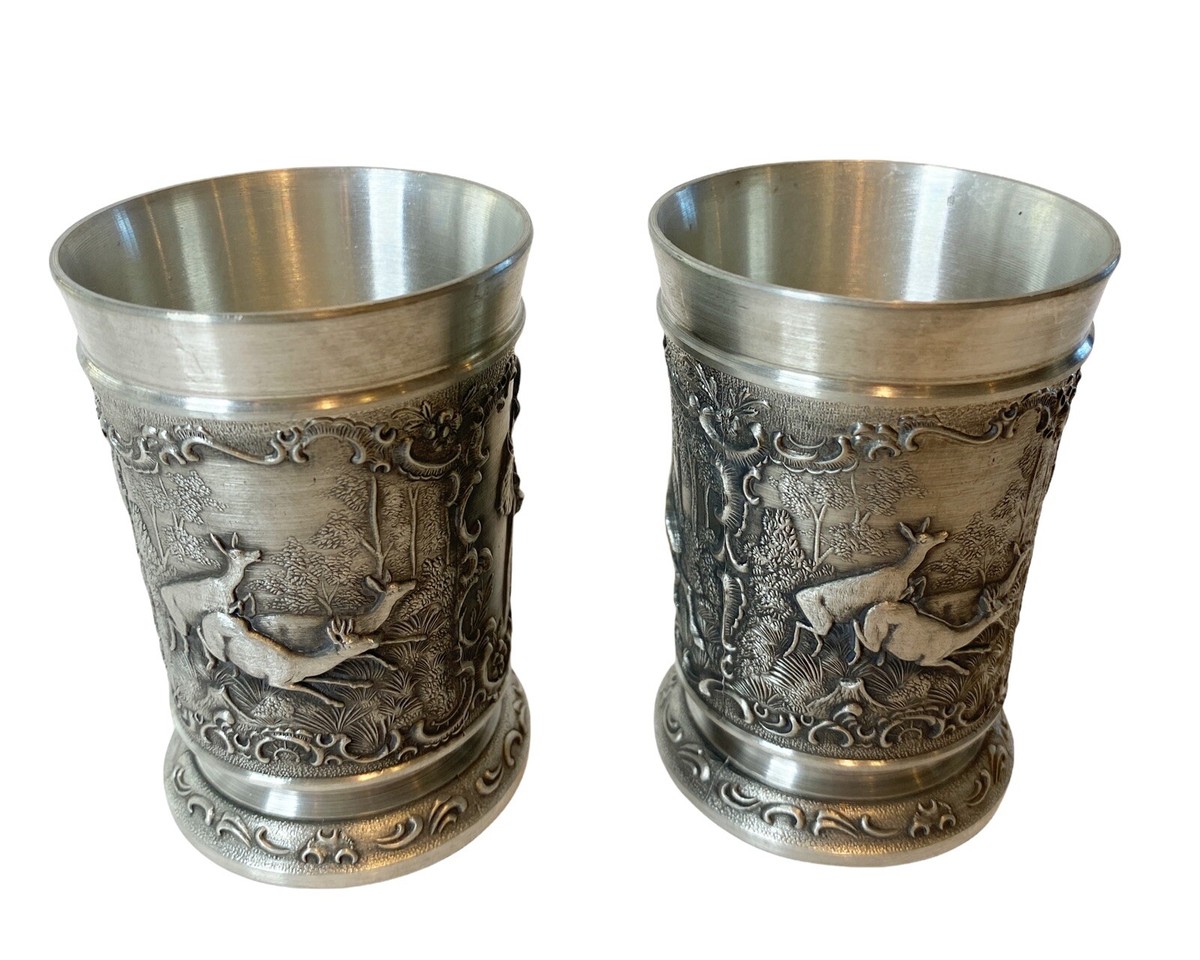食器 musicseeker Set of 2 Frieling SKS Zinn 95% Pewter German Cups Deer Man Smoking