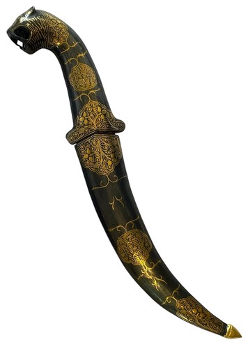 Indo Persian Damascus Gold Wire Worked Lion Face Dagger with Scabbard 12 Inches