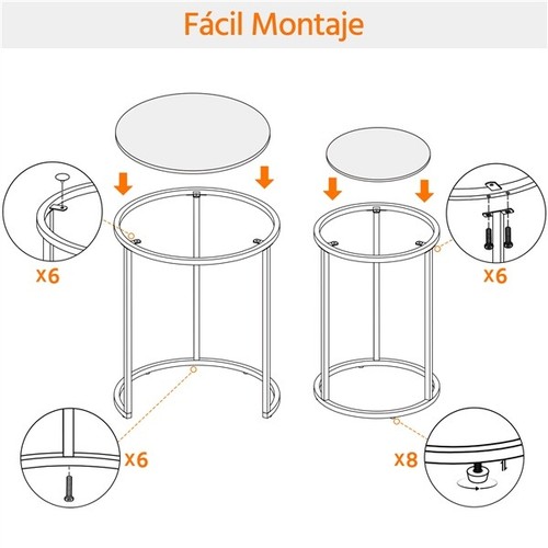 Juego de Mesita Auxiliar Apilables Mesa Nido de Metal y Cristal para Salón Oro - Imagen 7 de 10